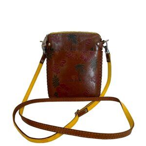 Hawaiian Tooled Leather Crossbody Bag Palm Trees Hibiscus Flower Yellow Strap